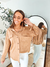Load image into Gallery viewer, Camel Suede Fringe Shacket
