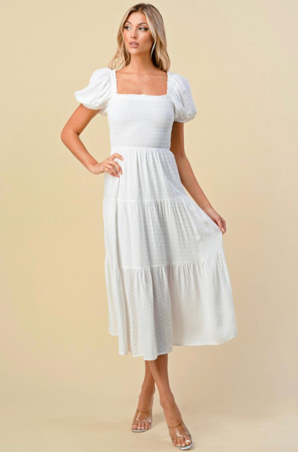 White Polka Dot Tiered Midi Dress