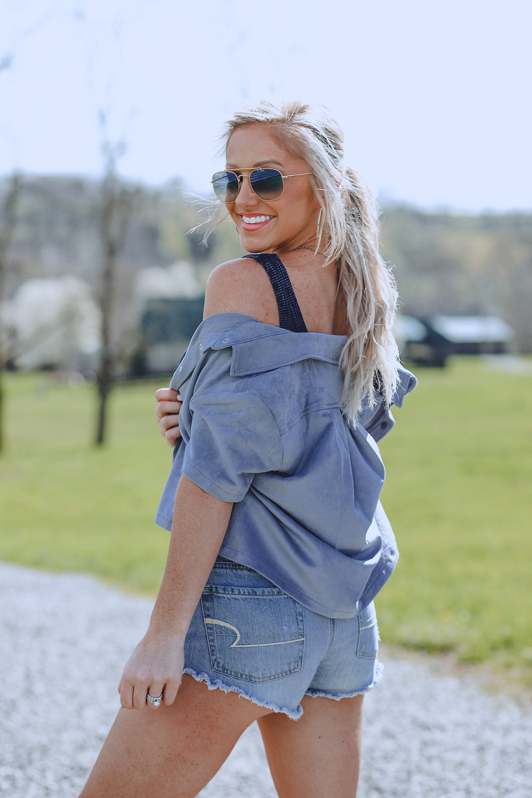 Blue Suede Cropped Button Down