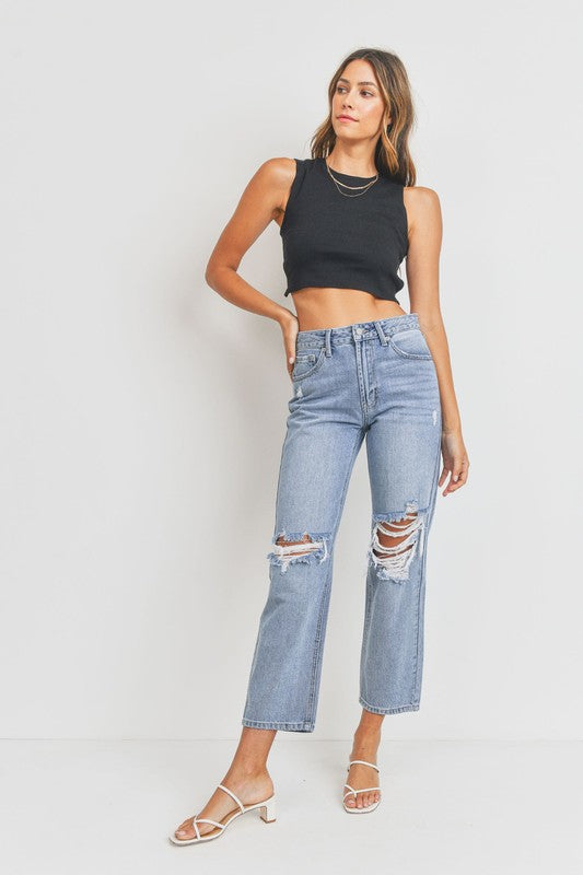 Cropped Distressed Straight Jeans